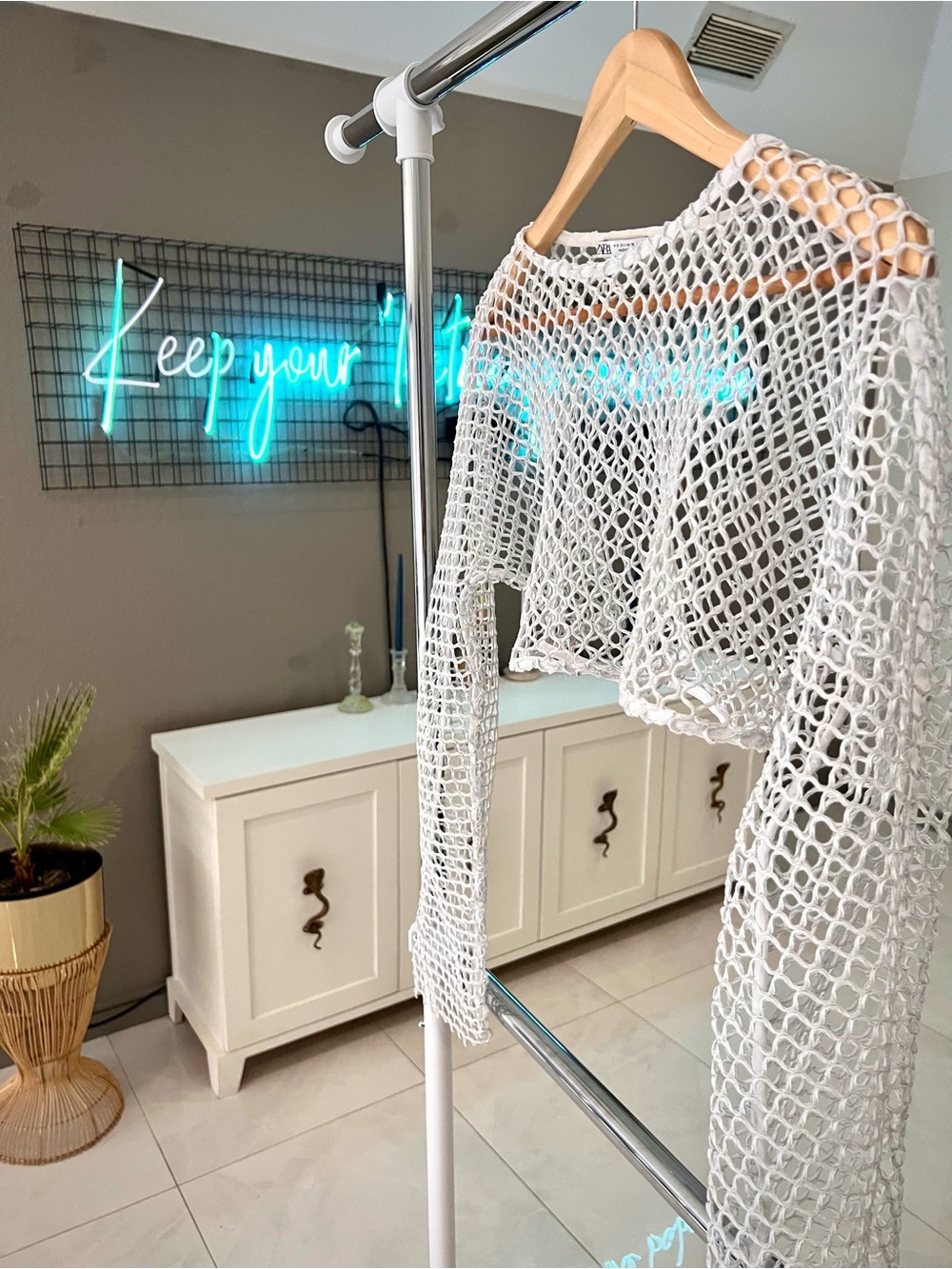 Zara White Open-Knit metallic Cropped large fishnet top